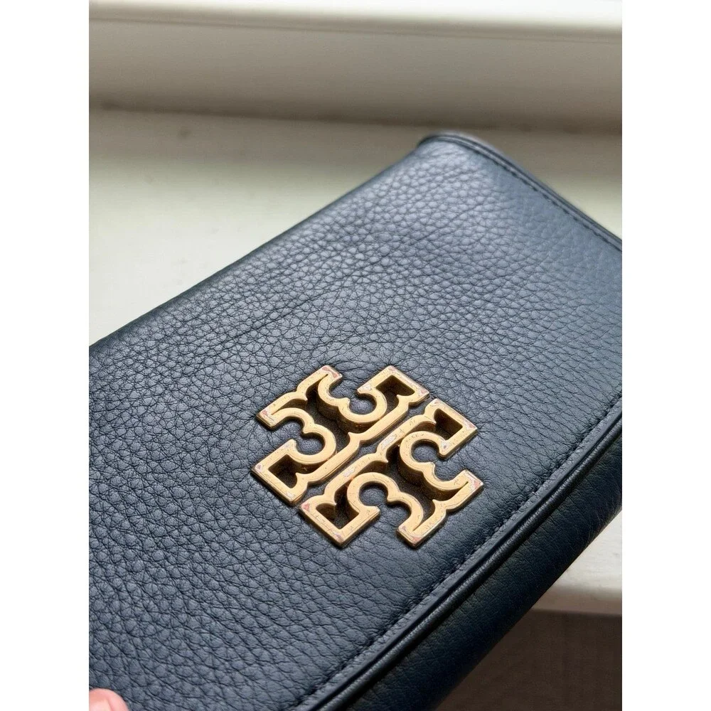 Tory Burch Britten Leather Envelope Wallet in Dark Blue and Gold EUC